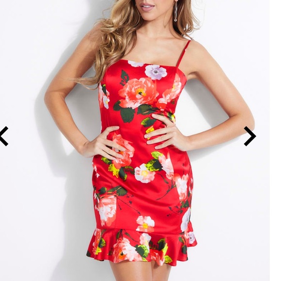 NWT GUESS Floral Slip Dress with Ruffle Bottom Red - Picture 3 of 7
